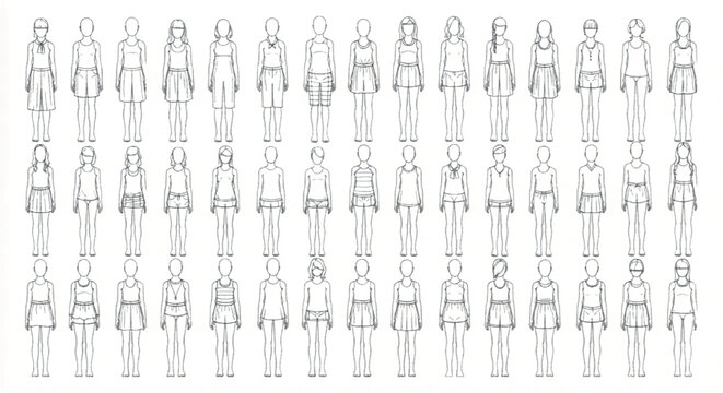 Minimalist female fashion croquis set, 45 standing woman body templates for apparel design, black and white outline vector figures for technical drawing