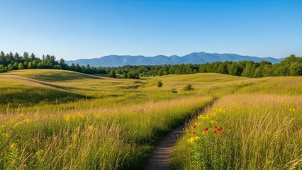 Fototapeta premium A serene landscape of a grassy field with a winding path and distant mountains