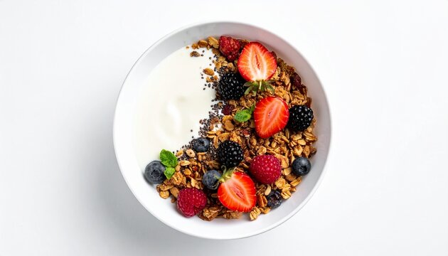 Greek yogurt parfait in white bowl, white background, top view, close-up, minimal food photography, yogurt layers with granola and berries, soft lighting.