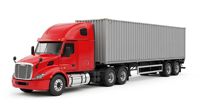 Red semi-truck with large gray container trailer