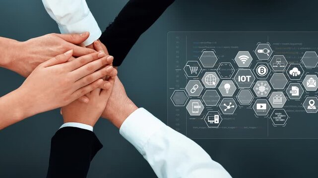 Diverse hands unite over technology icons, symbolizing collaboration and innovation in IoT. A powerful visual representation of teamwork and digital transformation in business. Raster
