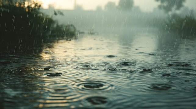 Raindrops Falling on Calm Water Surface Surrounded by Mist and Greenery in a Tranquil Natural Setting during a Rainy Day