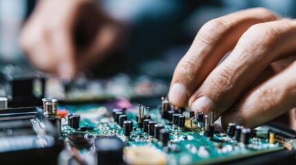 Fototapeta premium Close-up of hands assembling electronic circuit board.