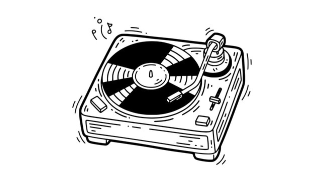 Vinyl record player doodle with spinning black disk, rotary knobs and vintage turntable crosshatch lines