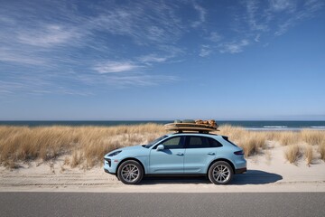 Fototapeta premium Blue SUV on Beachfront Road with Surfboards Under Clear Skies