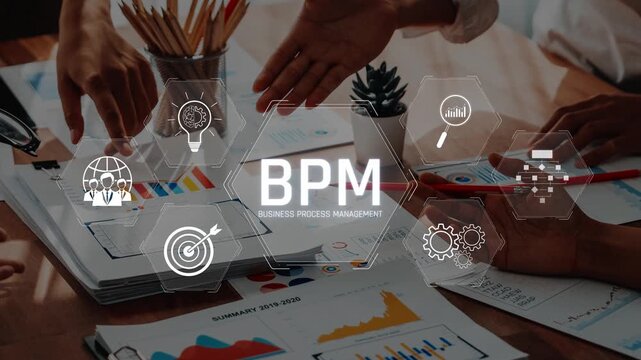 A dynamic meeting illustrates a business process management strategy, showcasing teamwork with charts and visual elements for enhanced productivity and insights. Raster
