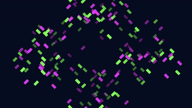 Colorful neon green and purple pixel blocks float and scatter across a dark background, creating an abstract digital glitch effect for technology, data, and cyber themes