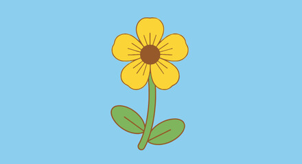 Single cartoon style yellow flower with brown center and green stem and leaves on a light blue background for children's illustrations © CetakUndangan