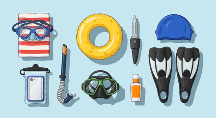 Snorkeling and Diving Gear: Mask Fins Snorkel Swim Cap Sunscreen and Inflatable Ring in Cartoon Vector Style © CetakUndangan