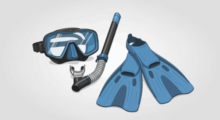 Snorkeling gear vector illustration: diving mask snorkel tube and swim fins in vibrant blue on abstract white swirl background © CetakUndangan
