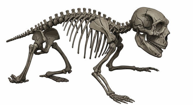 Skeletal structure of extinct hominin fossil in quadrupedal stance illustration; ancient primate anatomy against white background