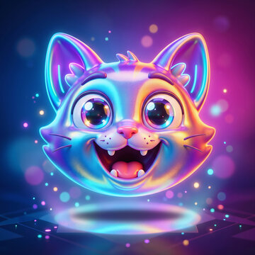 &ldquo;Cute Colorful 3D Cartoon Cat Face &ndash; Neon Glow Mascot Character with Bokeh Lights, Vibrant Gradient Background&rdquo;