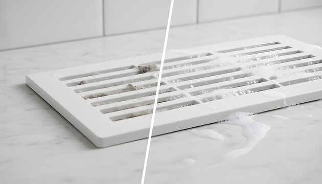 Before and after comparison showing the cleaning of a white bathroom vent cover on a marble surface for a home hygiene, maintenance, and air quality concept
