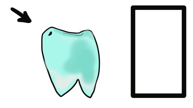 The screen shows a tooth with decay and a frame. An arrow points to the affected tooth, suggesting a visit to the dentist.