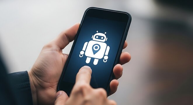 Person holding smartphone with white robot on screen hand