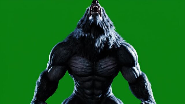 A fearsome werewolf with glowing eyes roars intensely on a green screen, perfect for horror and fantasy projects.
