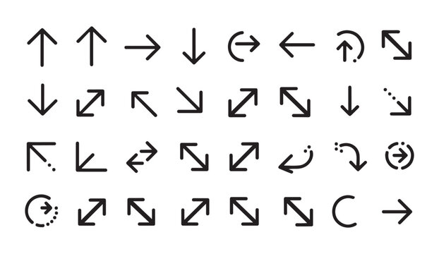 Set of 36 thin line arrows black outline simple arrow pixel perfect vector illustration.