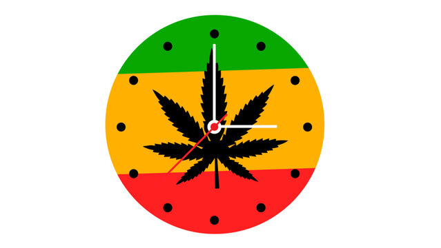 Cannabis marijuana leaf silhouette on rasta colors clock face
