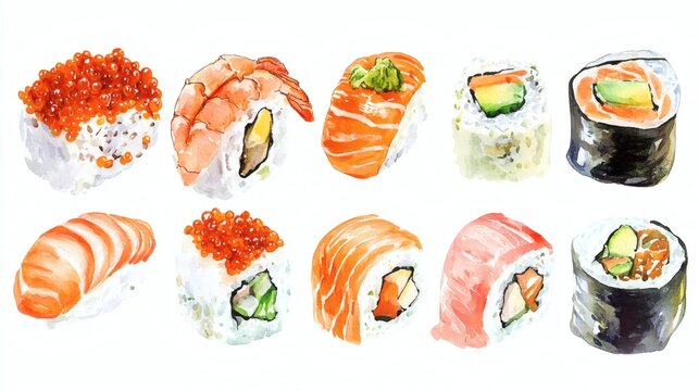 Watercolor illustration set of assorted sushi pieces and rolls (nigiri, maki, roe) isolated on white, hand-painted food art for menu or packaging design.