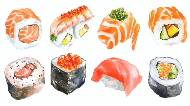 Watercolor illustration set of assorted sushi pieces and rolls (nigiri, maki, roe) isolated on white, hand-painted food art for menu or packaging design.