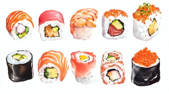 Watercolor illustration set of assorted sushi pieces and rolls (nigiri, maki, roe) isolated on white, hand-painted food art for menu or packaging design.