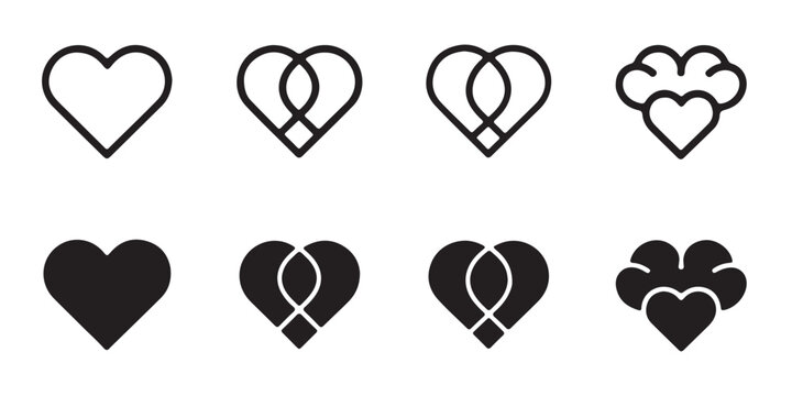Intersecting line heart logos and paw print heart shapes for pet care veterinary services and animal rescue.