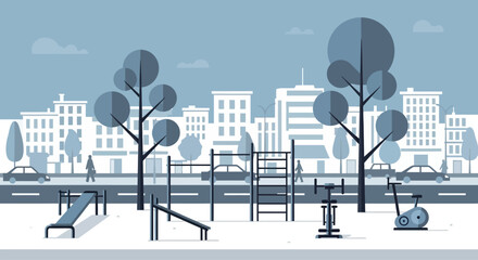 Naklejka premium Outdoor Fitness Park with City Skyline and Exercise Equipment