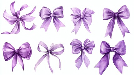 Obraz premium Set of eight watercolor-style purple ribbon bows in different shapes, isolated on white, suitable for gift wrapping, invitations, and decorative design elements.