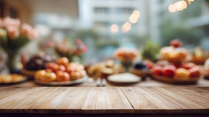 Naklejka premium Gourmet Buffet: A delectable display of fresh fruit and pastries sits atop a weathered wooden table, inviting indulgence with its array of vibrant colors.