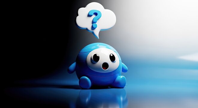 A puzzled blue creature with a question mark thought bubble sits on a reflective surface