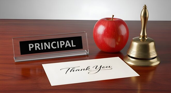 School principal desk with apple and bell for appreciation day