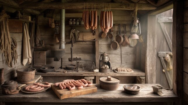 Rustic kitchen with sausages hanging, wooden table with cured meat, vintage cookware, and cozy atmosphere in a historical setting