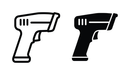 Barcode scanner vector icons, handheld laser reader symbols for retail and logistics, black outline and solid silhouette scanner set for inventory management © Raihan