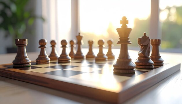 Wooden Chess Pieces Arranged on Board with Sunlight Backlight.