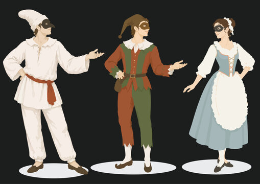 079-43-Classic commedia dell'arte characters standing with traditional costumes and masks