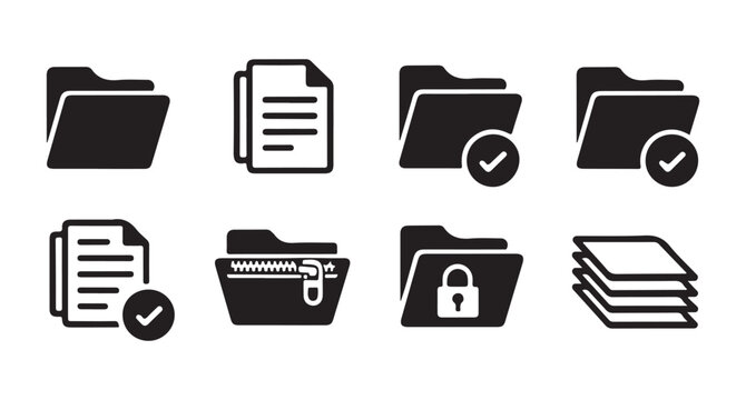 Document and folder with checkmark, locked folder, stacked files, zipped folder icons set.
