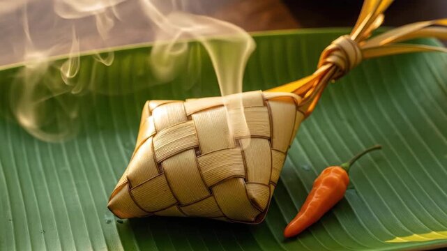 Steaming woven food item with chili pepper on green leaf background