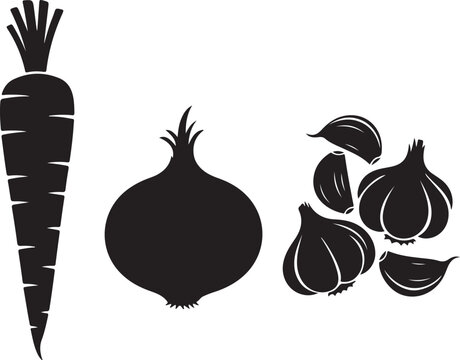Black silhouettes of carrot onion and garlic vegetable