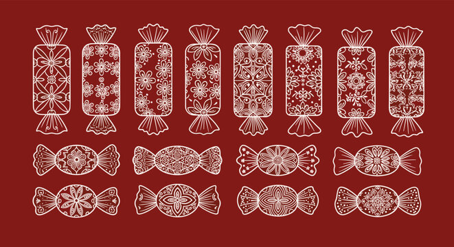 Large collection of hand-drawn white candy silhouettes with intricate patterns displayed on a deep red background for festive design.