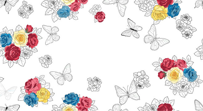 elegant seamless pattern of colorful rose bouquets and delicate line art butterflies for sophisticated textile prints and wedding themes.