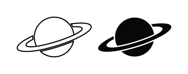 Minimalist Saturn planet icons, black and white celestial vector set, simple ringed planet symbols for astronomy and science education © Nusrat