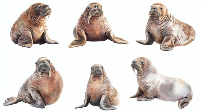 Six realistic walrus illustrations on white background, various poses, tusks visible, warm brown tones