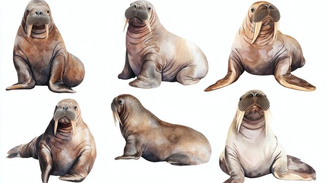 Six realistic walrus illustrations on white background, various poses, tusks visible, warm brown tones