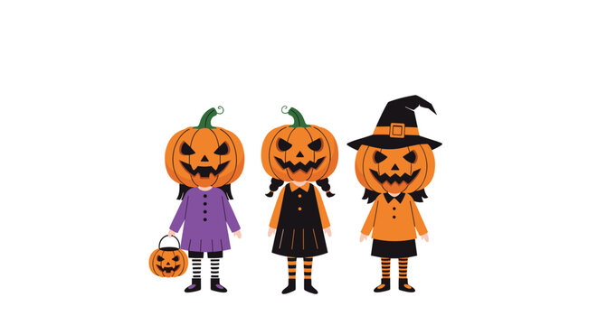 Three children dressed in spooky pumpkin head costumes for Halloween including a witch and girls in purple and black dresses.