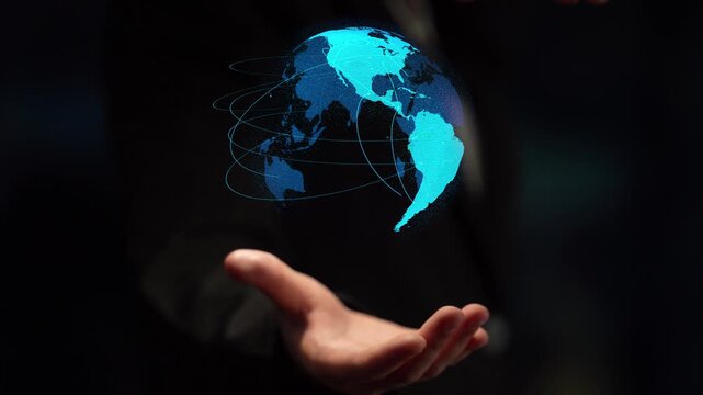 Global network connection visualization showing data exchange, digital link, worldwide communication. Global data flow and digital network infrastructure connecting regions around the world. Thunk
