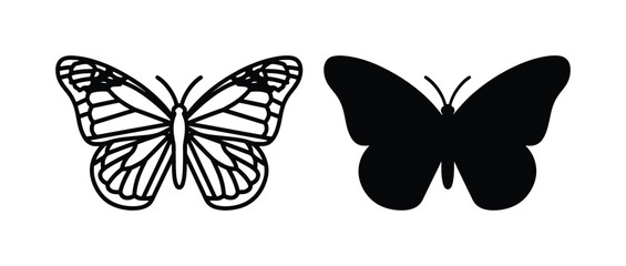 Minimalist butterfly vector icons, black monarch butterfly silhouette and line art set, elegant insect wing illustrations for logo design © Nadiya