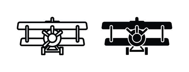 Vintage biplane icons in line and silhouette styles, retro propeller airplane vector set, antique aircraft symbols for aviation branding and travel design © Hasan