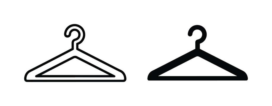 Minimalist clothes hanger vector icons, black outline and solid silhouette garment hangers, laundry and fashion retail symbols for web design