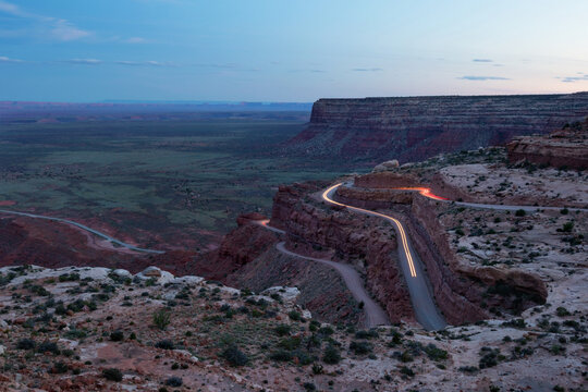 Glowing Tail Lights on Moki Dugway at Twilight, Utah