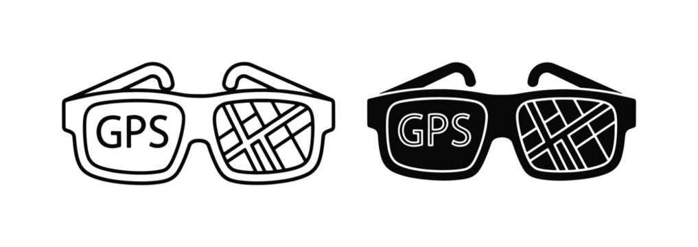 Smart glasses with GPS navigation map interface, augmented reality eyewear icons, wearable technology vector set for travel and wayfinding